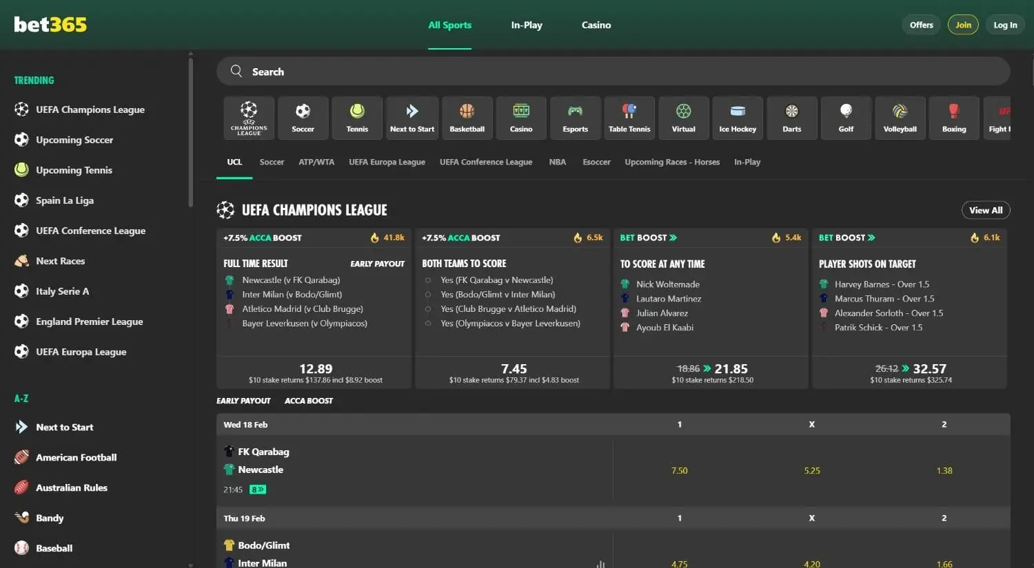 Bet365 homepage screenshot