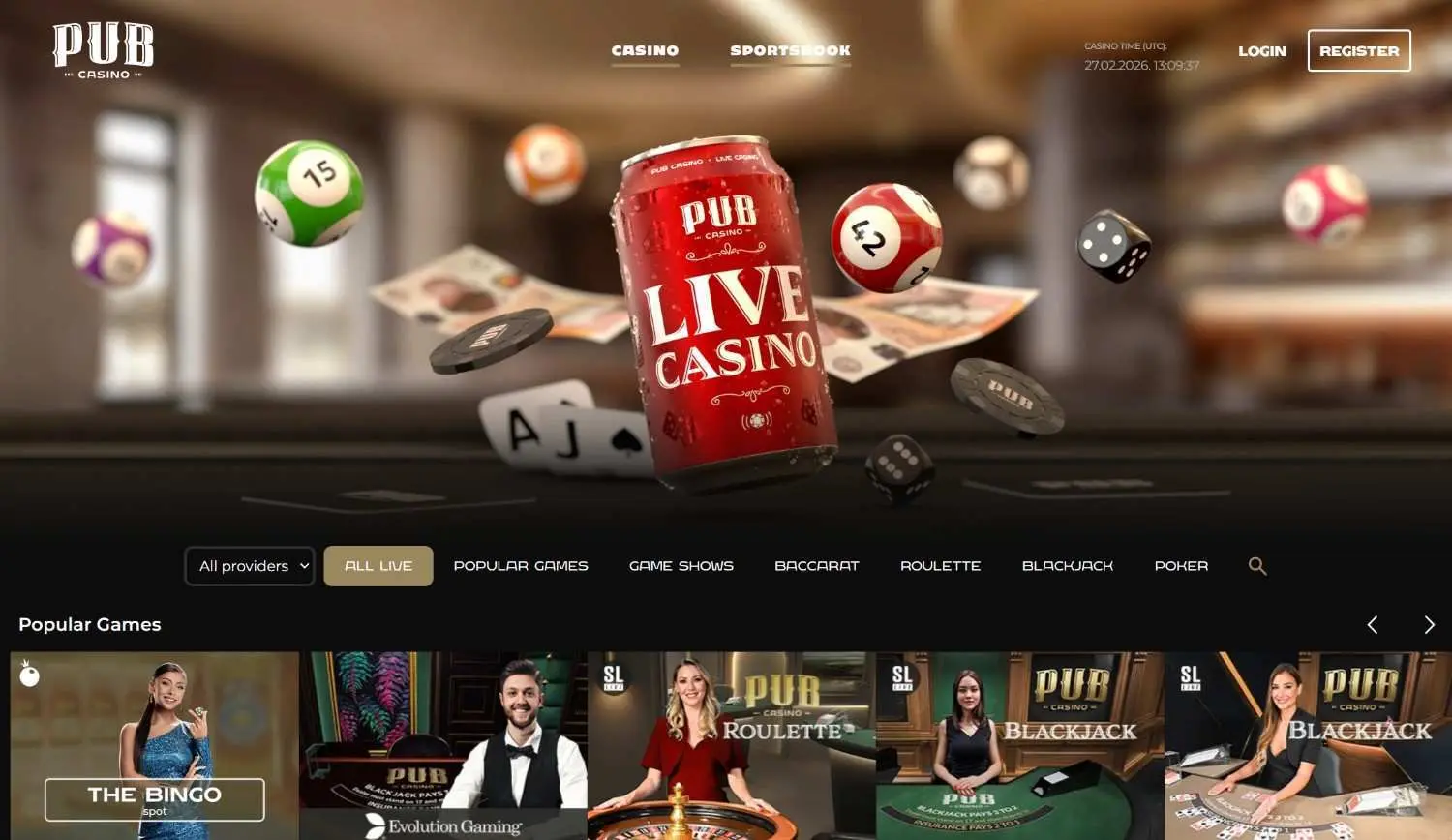 Pub Casino homepage screenshot