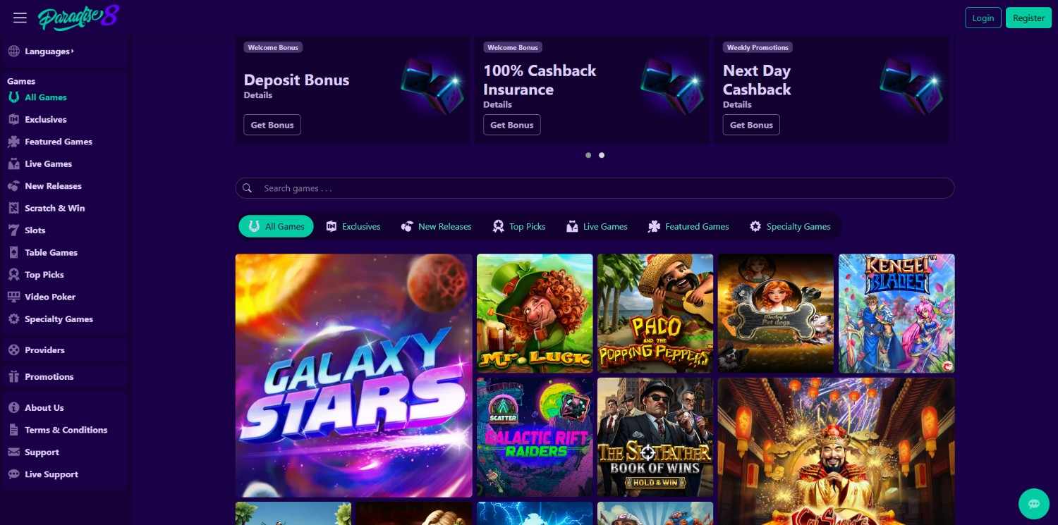 Paradise 8 Casino Homepage