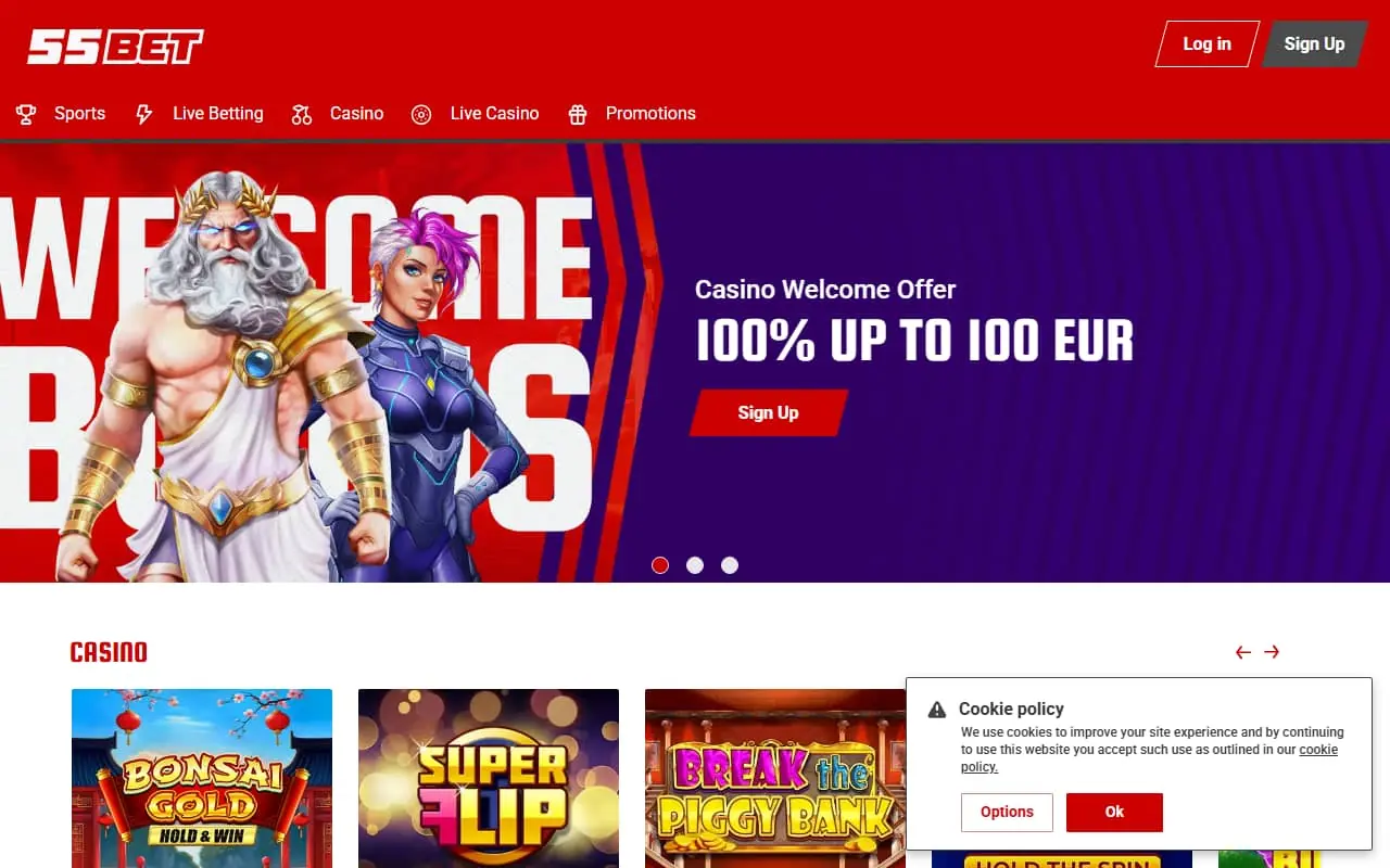 55Bet Casino homepage showing 100 percent up to 100 EUR casino welcome offer