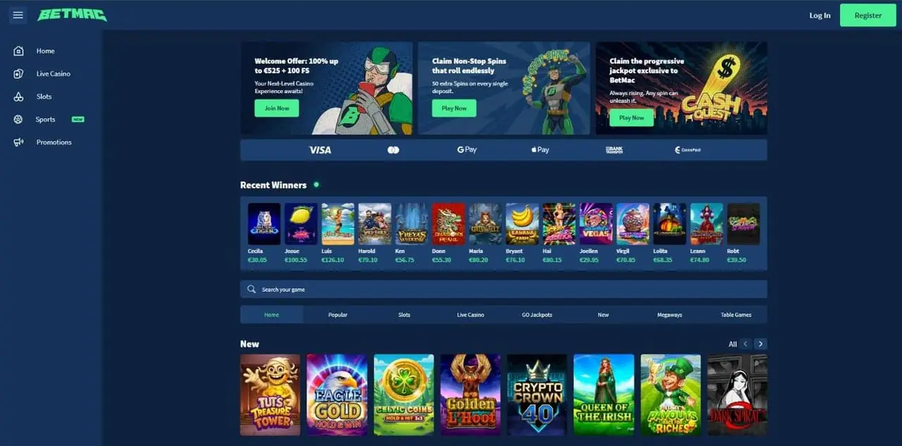 BetMac Casino Homepage BetMac casino homepage screenshot