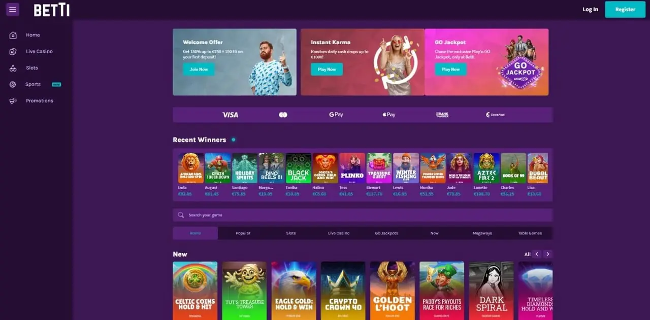 Betti Casino Homepage Betti Casino homepage screenshot