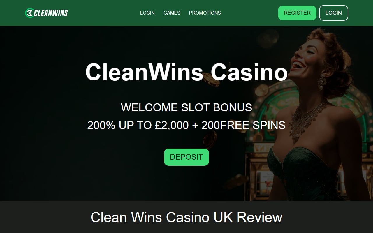 Cleanwins Casino homepage showing 200 percent up to 2000 pound welcome slot bonus plus 200 free spins