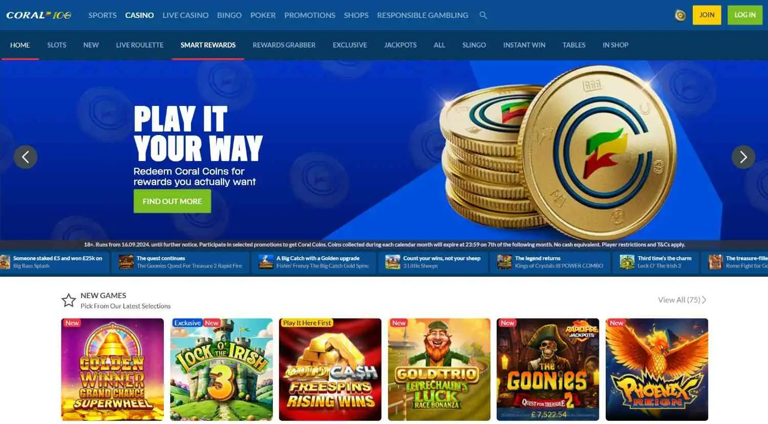 Coral Casino homepage screenshot