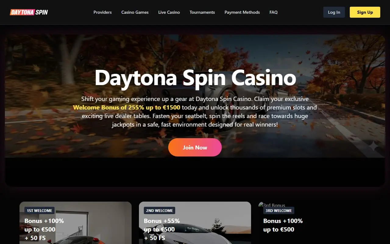 Daytona Spin Casino homepage showing 255 percent welcome bonus up to 1500 euros