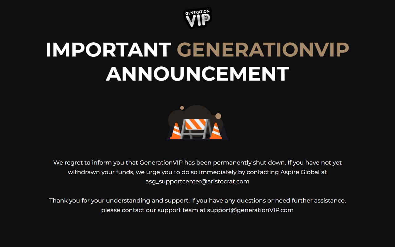 Generation VIP Homepage Generation VIP shutdown notice page from generationvip.com confirming the casino is permanently closed