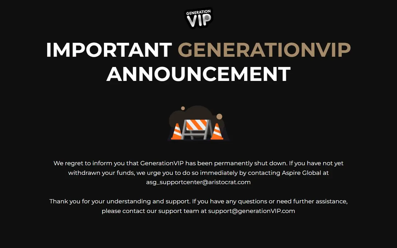 Generation VIP shutdown notice page from generationvip.com confirming the casino is permanently closed