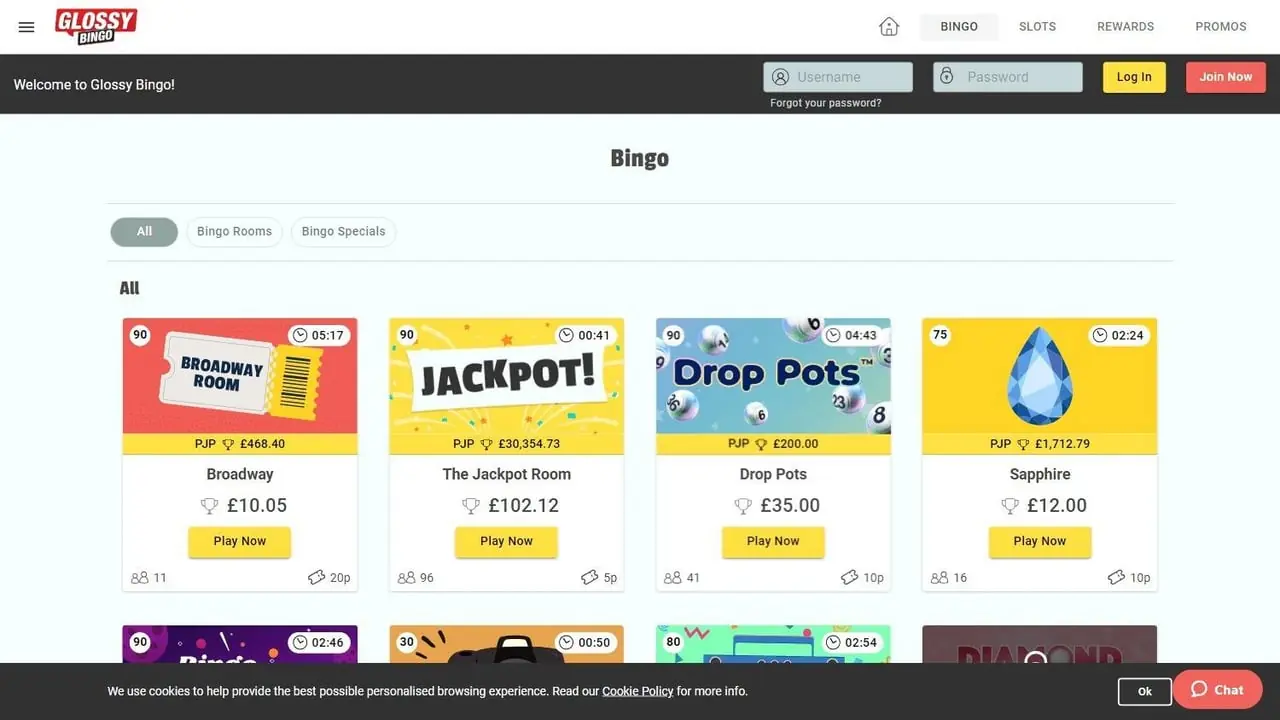 Glossy Bingo UK homepage screenshot showing bingo room lobby and welcome panel