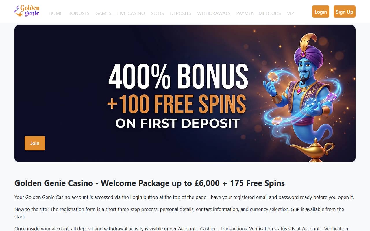 Golden Genie Casino homepage showing 400% welcome bonus and 100 free spins on first deposit