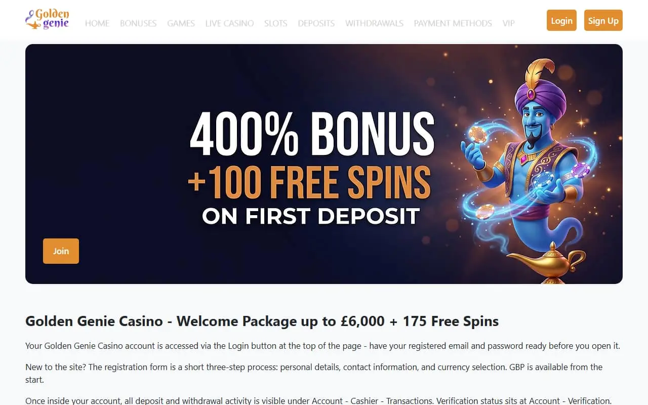 Golden Genie Casino homepage showing 400% welcome bonus and 100 free spins on first deposit