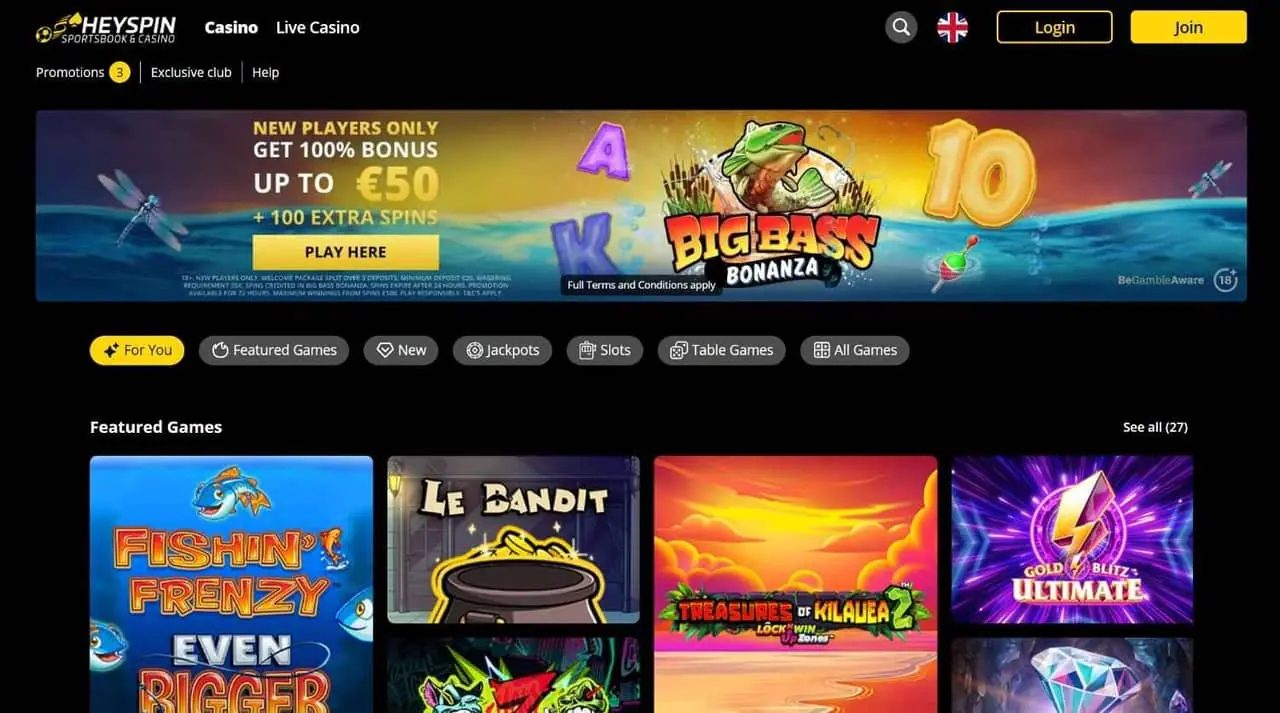 HeySpin Casino UK homepage screenshot showing welcome bonus and featured games