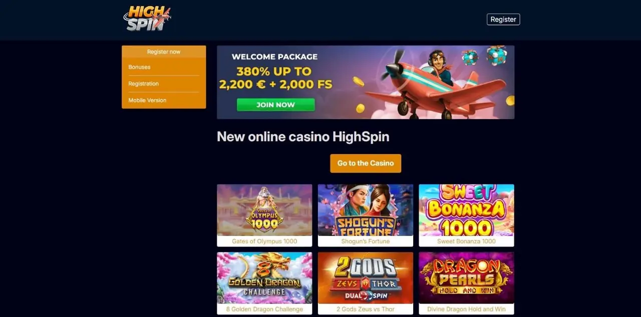 HighSpin casino homepage