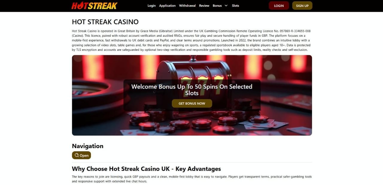 Hot Streak Casino Homepage Hot Streak Casino UK homepage screenshot showing welcome bonus and brand navigation