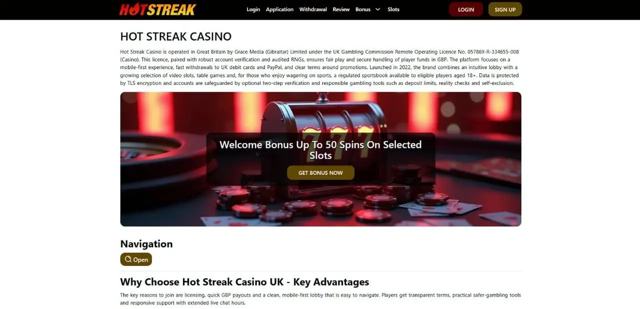 Hot Streak Casino Homepage Hot Streak Casino UK homepage screenshot showing welcome bonus and brand navigation