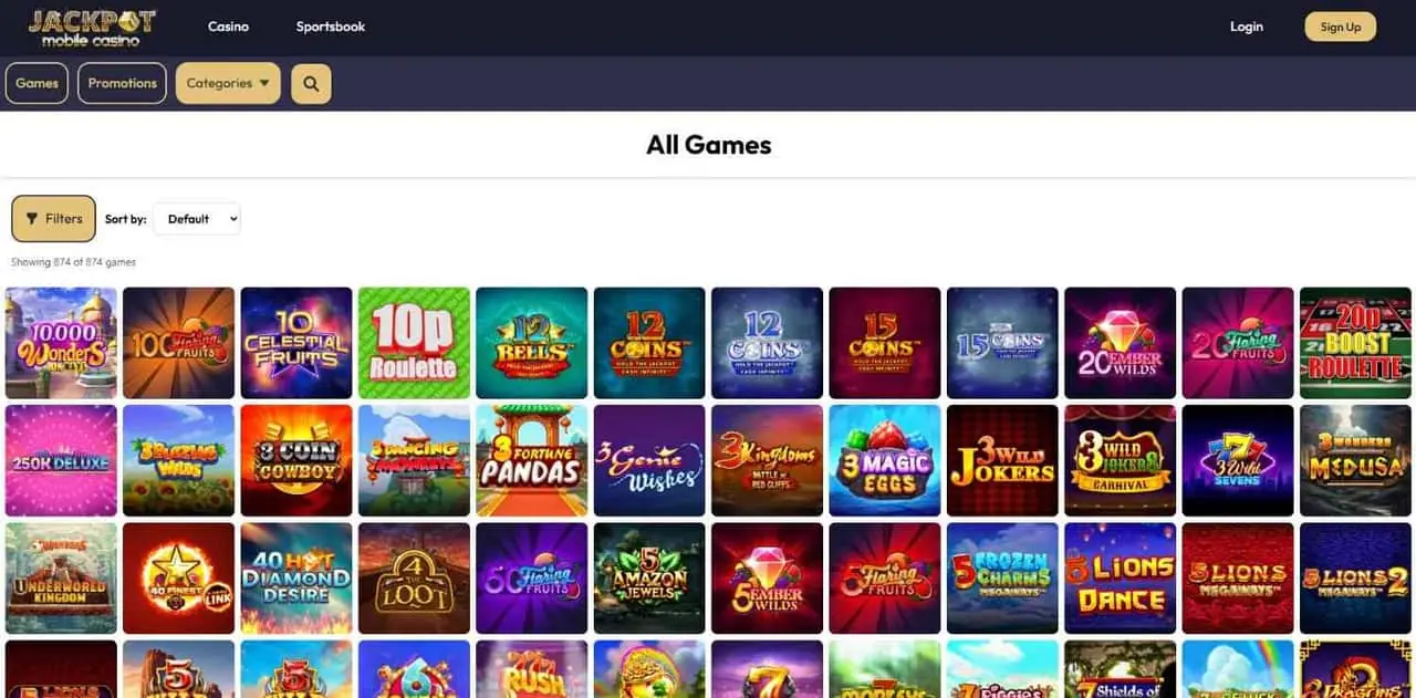 Jackpot Mobile Casino UK lobby showing the all-games library and category navigation