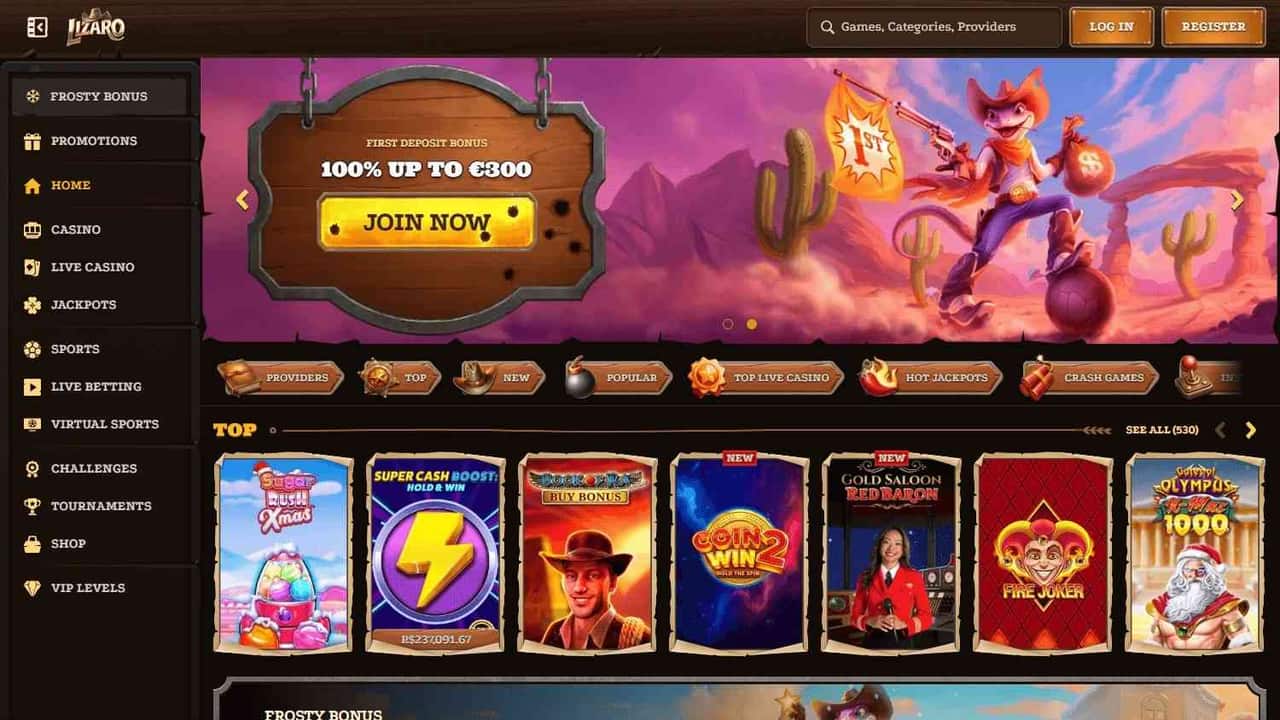 Lizaro Casino homepage showing 100 percent up to 300 EUR first deposit bonus with Wild West outlaw mascot