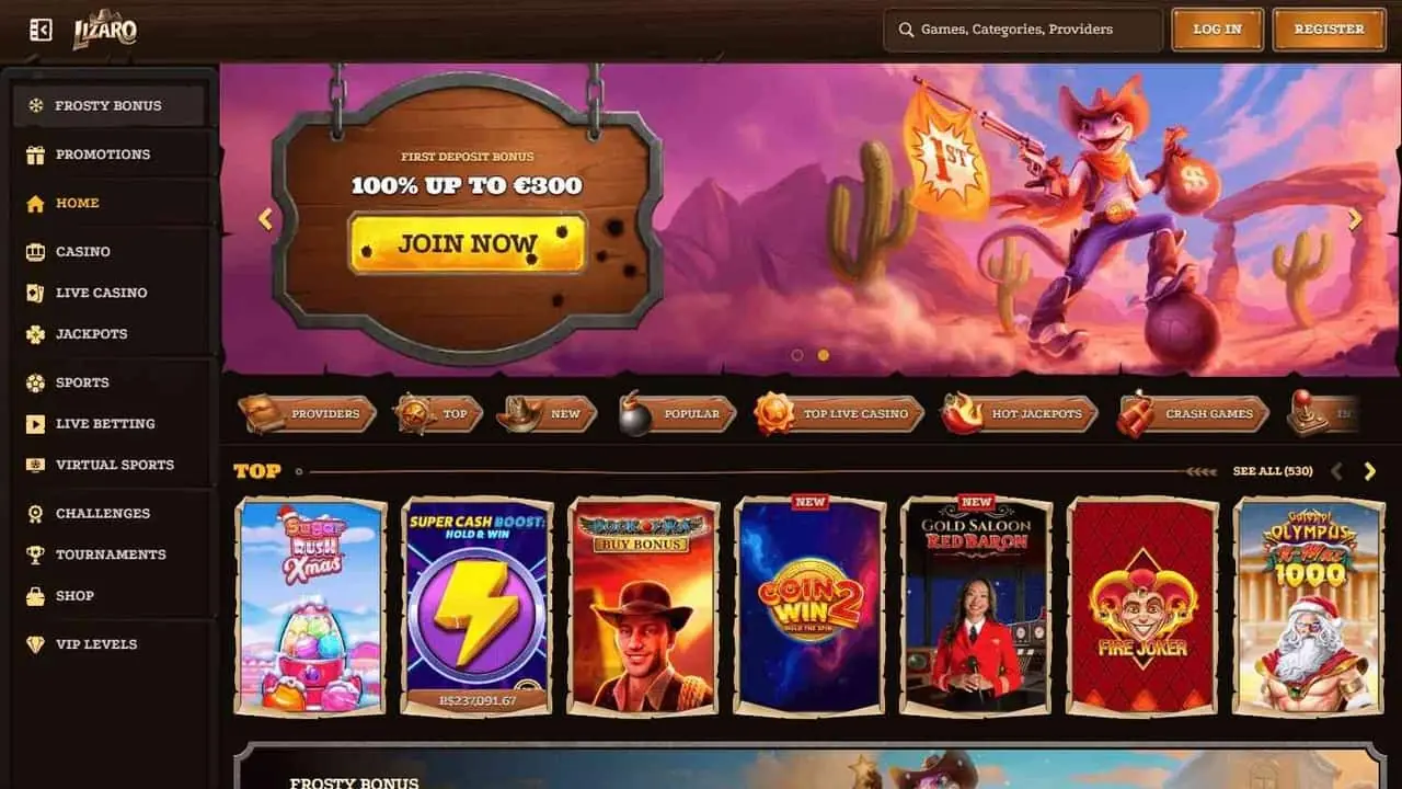 Lizaro Casino homepage showing 100 percent up to 300 EUR first deposit bonus with Wild West outlaw mascot