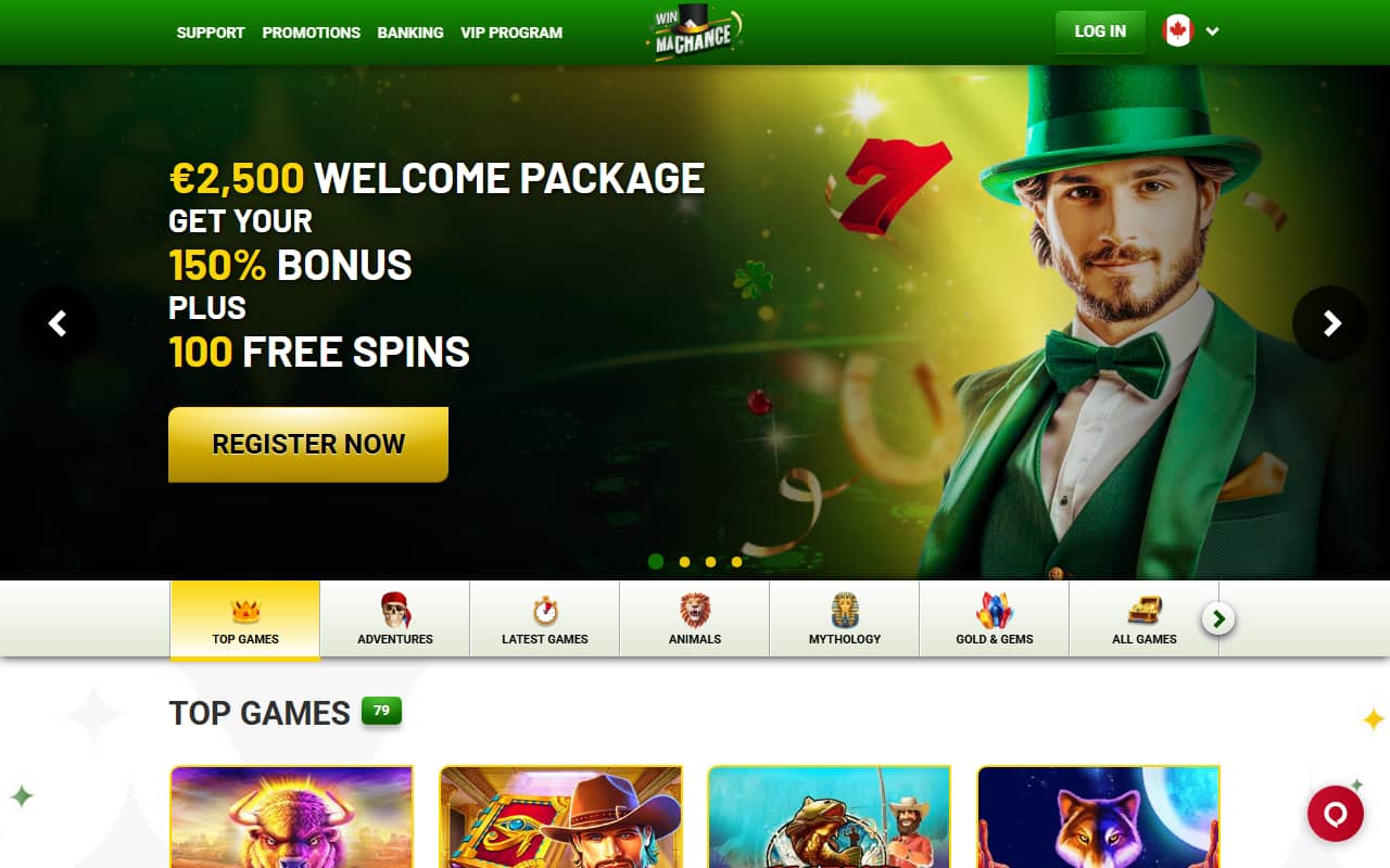 Machance Casino homepage with 2500 EUR welcome package 150 percent bonus plus 100 free spins