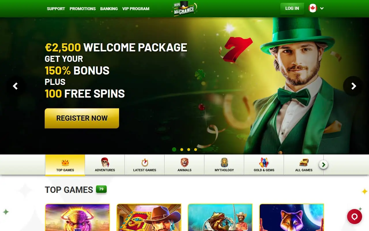 Machance Casino homepage with 2500 EUR welcome package 150 percent bonus plus 100 free spins