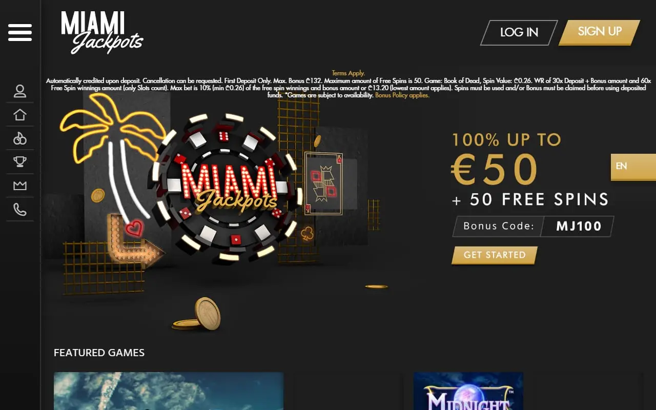 Miami Jackpots Casino homepage showing 100% up to 50 EUR welcome bonus plus 50 free spins
