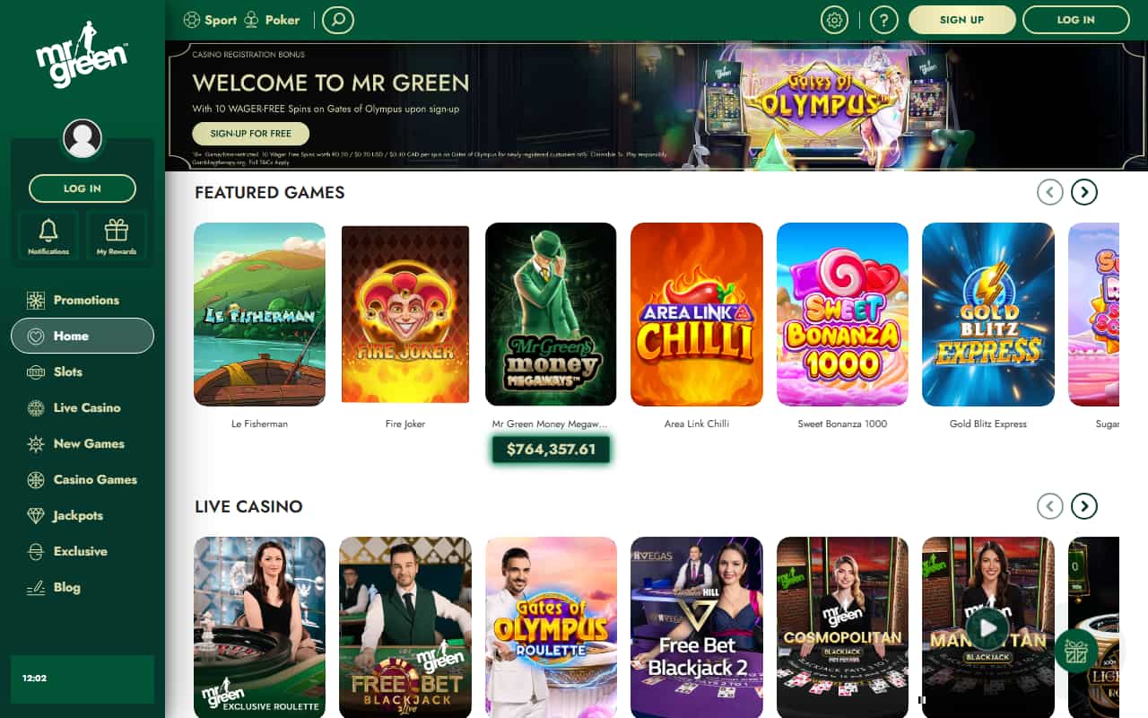 Mr Green Casino homepage showing welcome offer and featured games