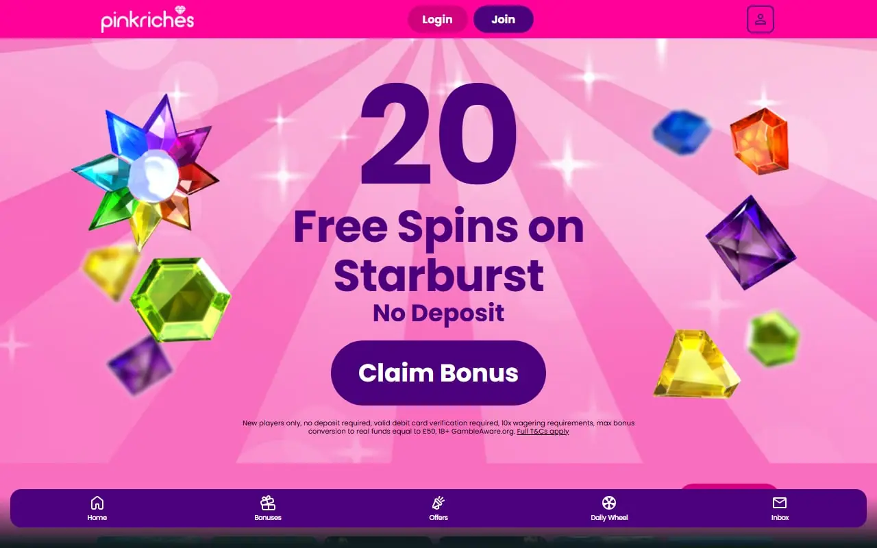 Pink Riches UK homepage with 20 free spins on Starburst no-deposit welcome offer
