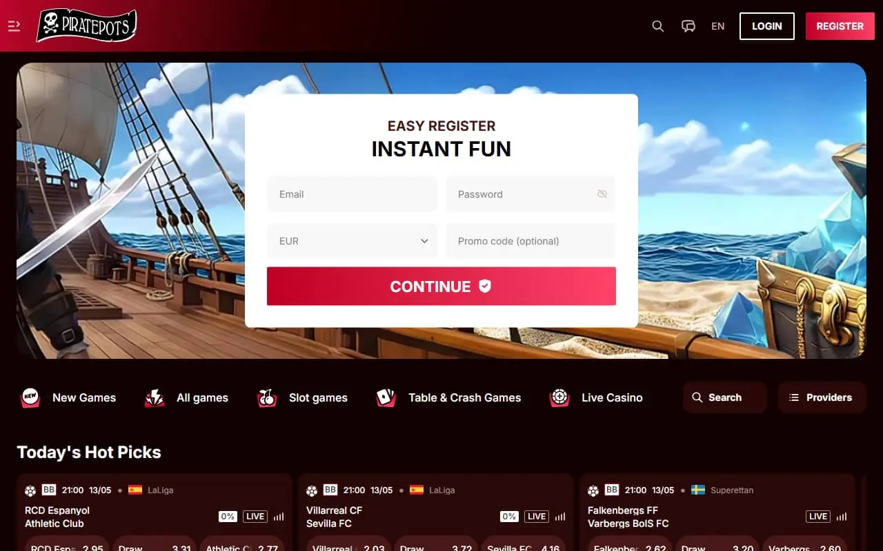 Piratepots casino homepage
