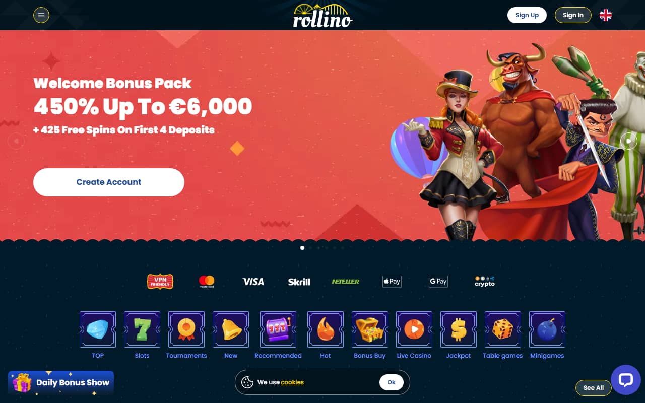 Rollino casino homepage