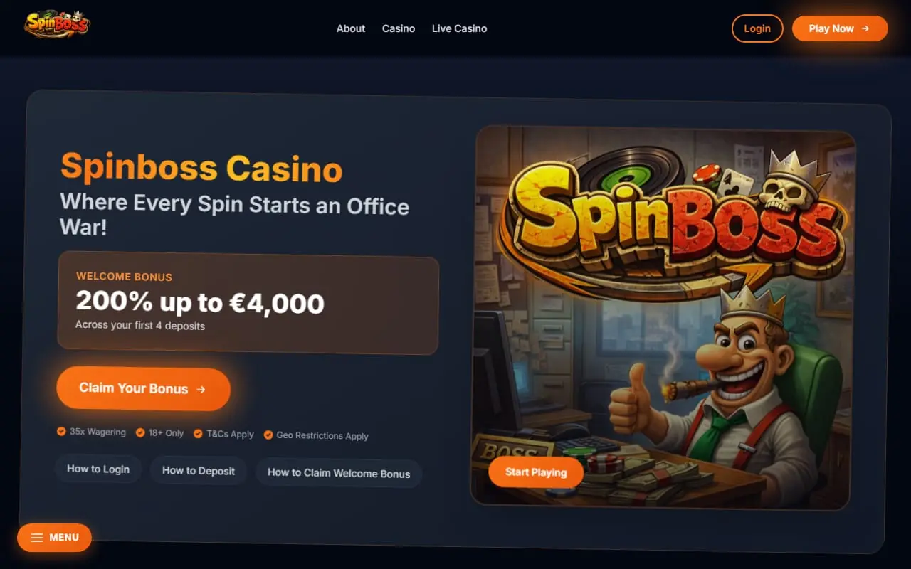 Spinboss Casino homepage showing 200 percent up to 4000 EUR welcome bonus across four deposits