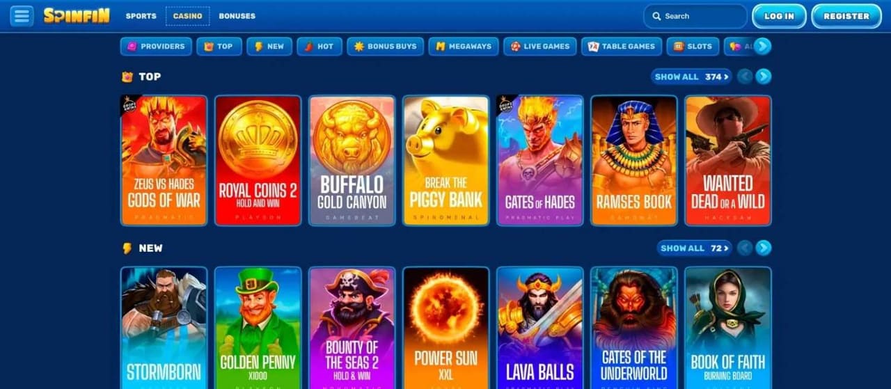 Spinfin casino homepage screenshot