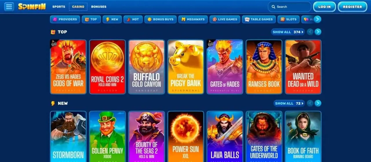 Spinfin Casino Homepage Spinfin casino homepage screenshot