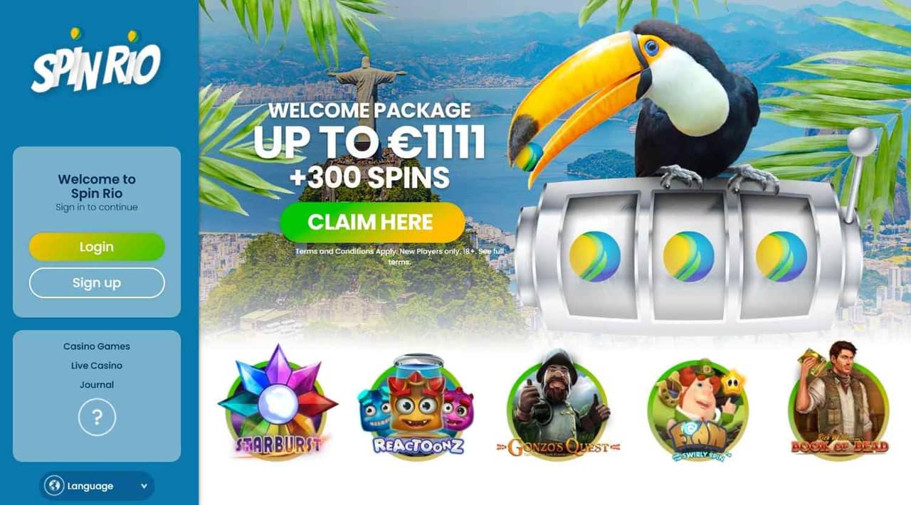 Spin Rio Casino homepage screenshot showing Rio-themed welcome package and featured slots