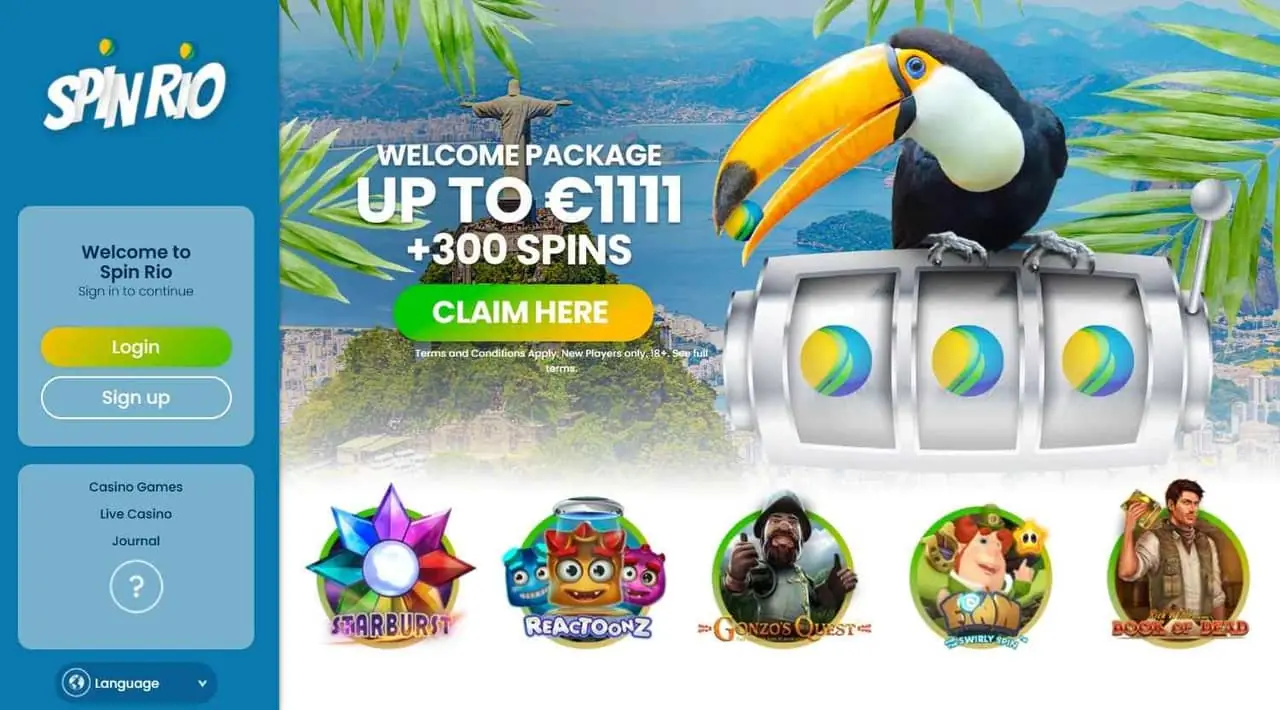 Spin Rio Casino homepage screenshot showing Rio-themed welcome package and featured slots