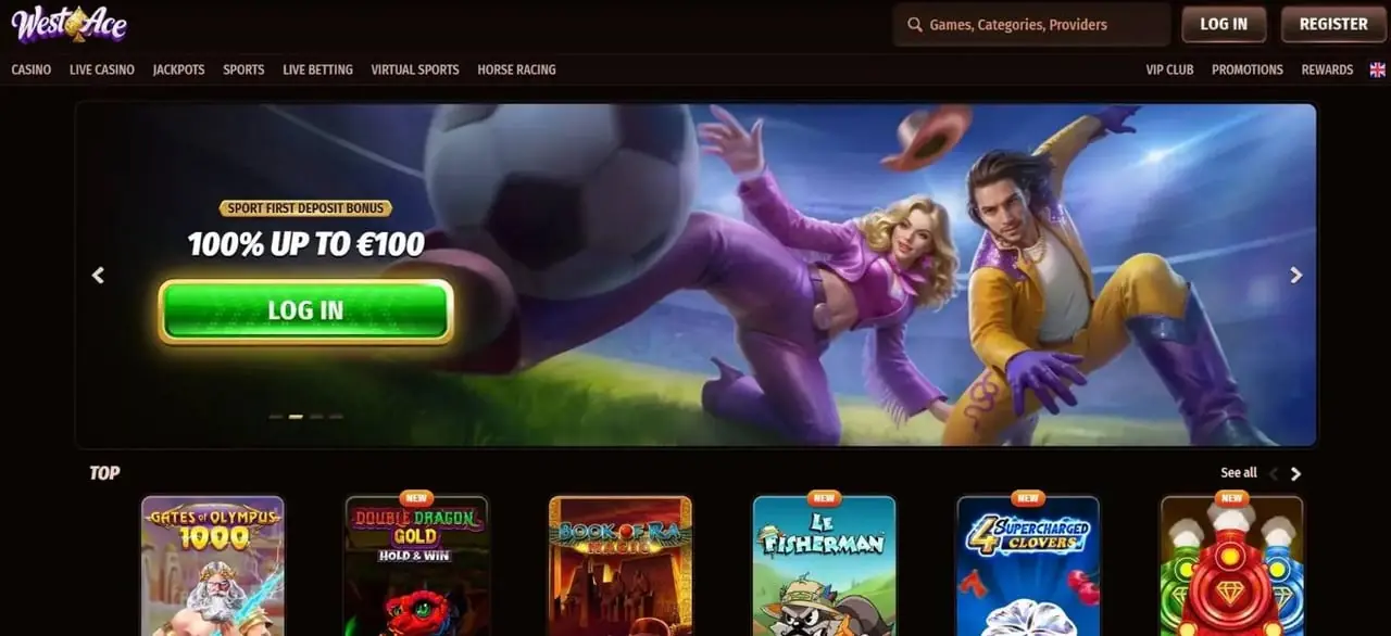 Westace Casino homepage showing 100 percent up to 100 EUR sport first deposit bonus