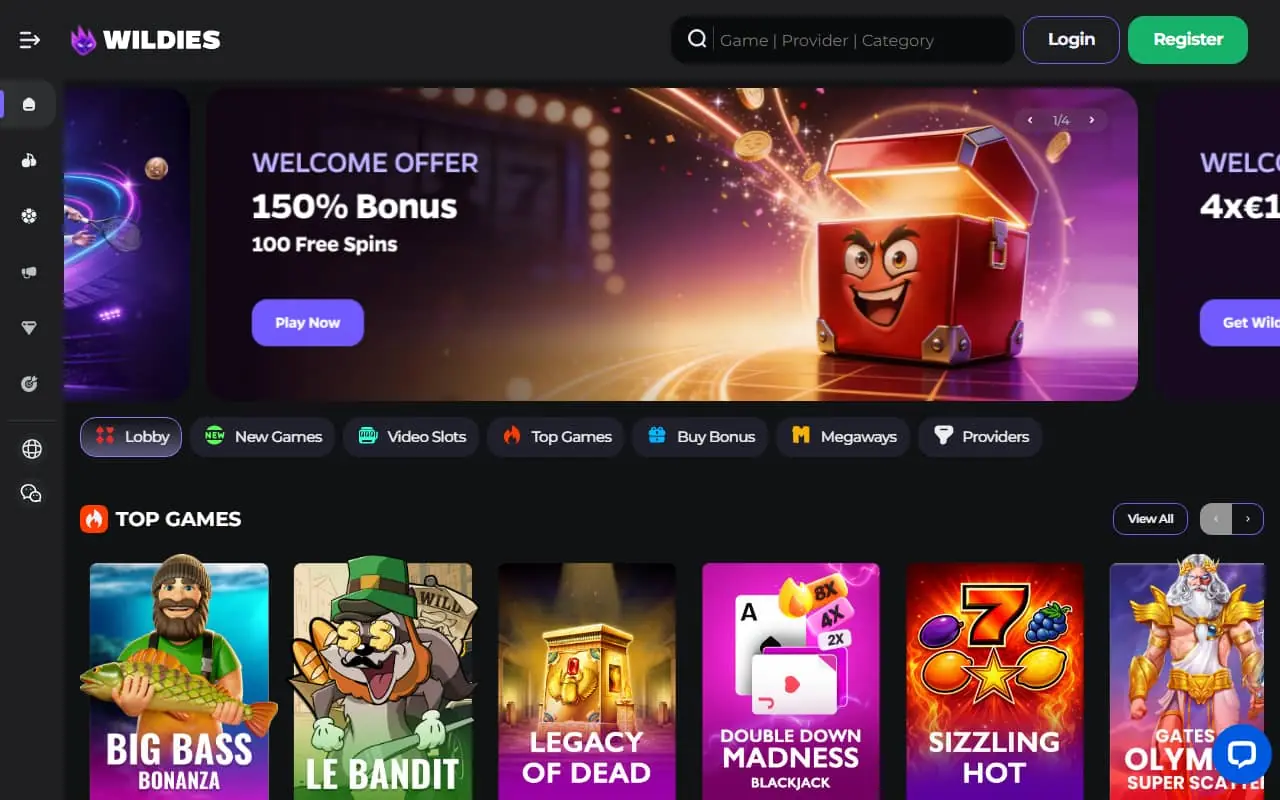 Wildies Homepage Wildies Casino homepage showing 150 percent welcome bonus plus 100 free spins
