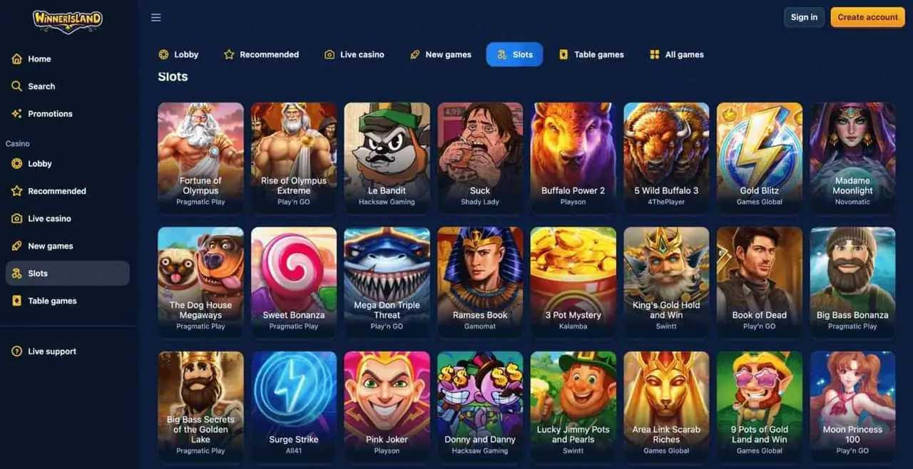 WinnersIsland Casino slots lobby showing branded games library from operational era