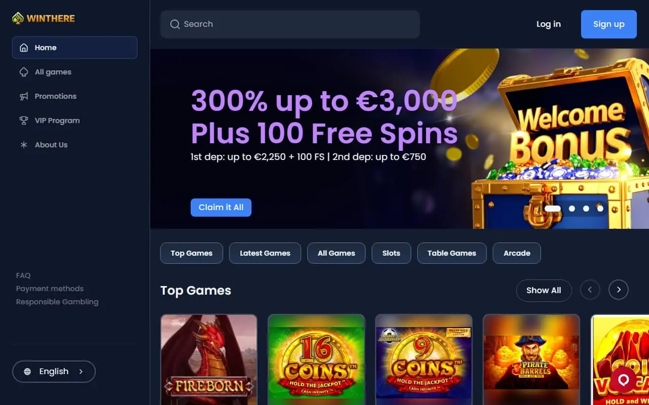WinThere casino homepage