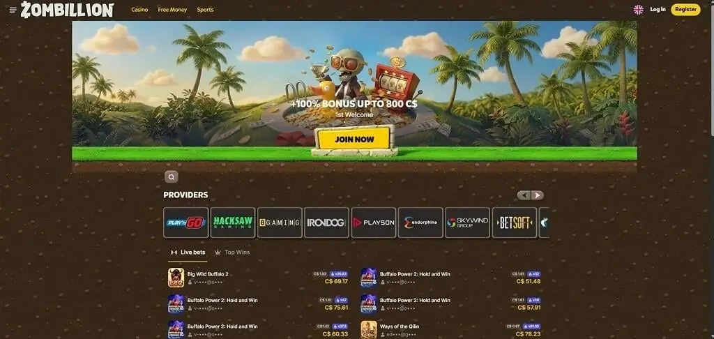 Zombillion Casino homepage showing 100 percent welcome bonus up to 800 CAD with zombie character in tropical island artwork