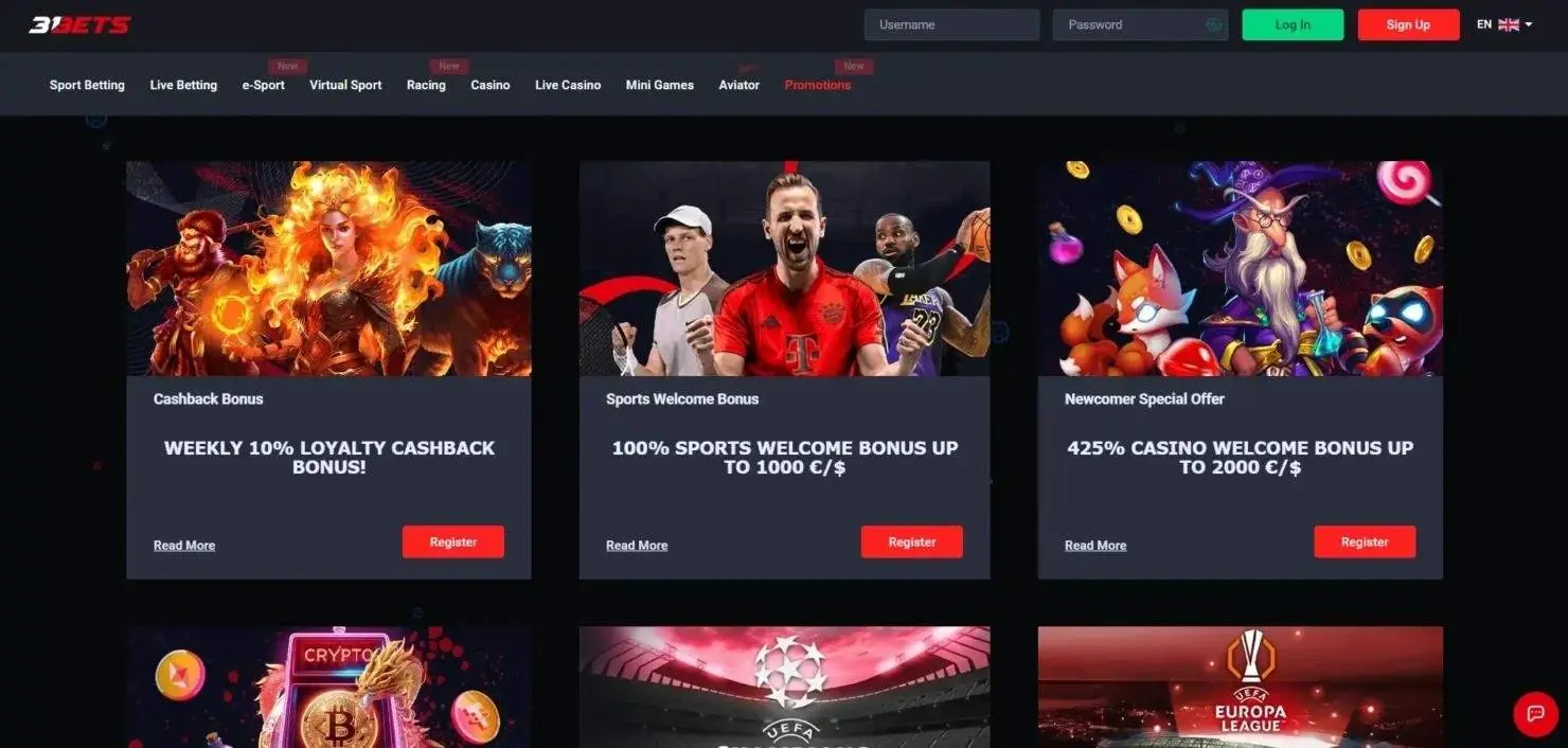31bets casino homepage screenshot
