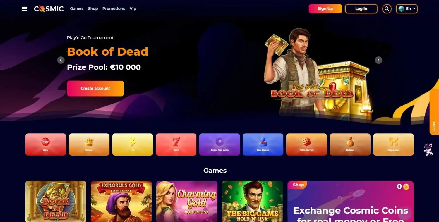 CosmicSlot Homepage 2026-06 CosmicSlot casino homepage screenshot showing slot tournament banner and game lobby