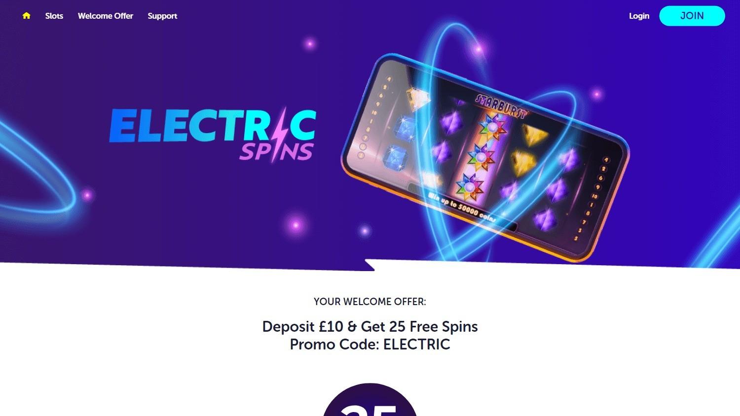 Electric Spins casino homepage screenshot