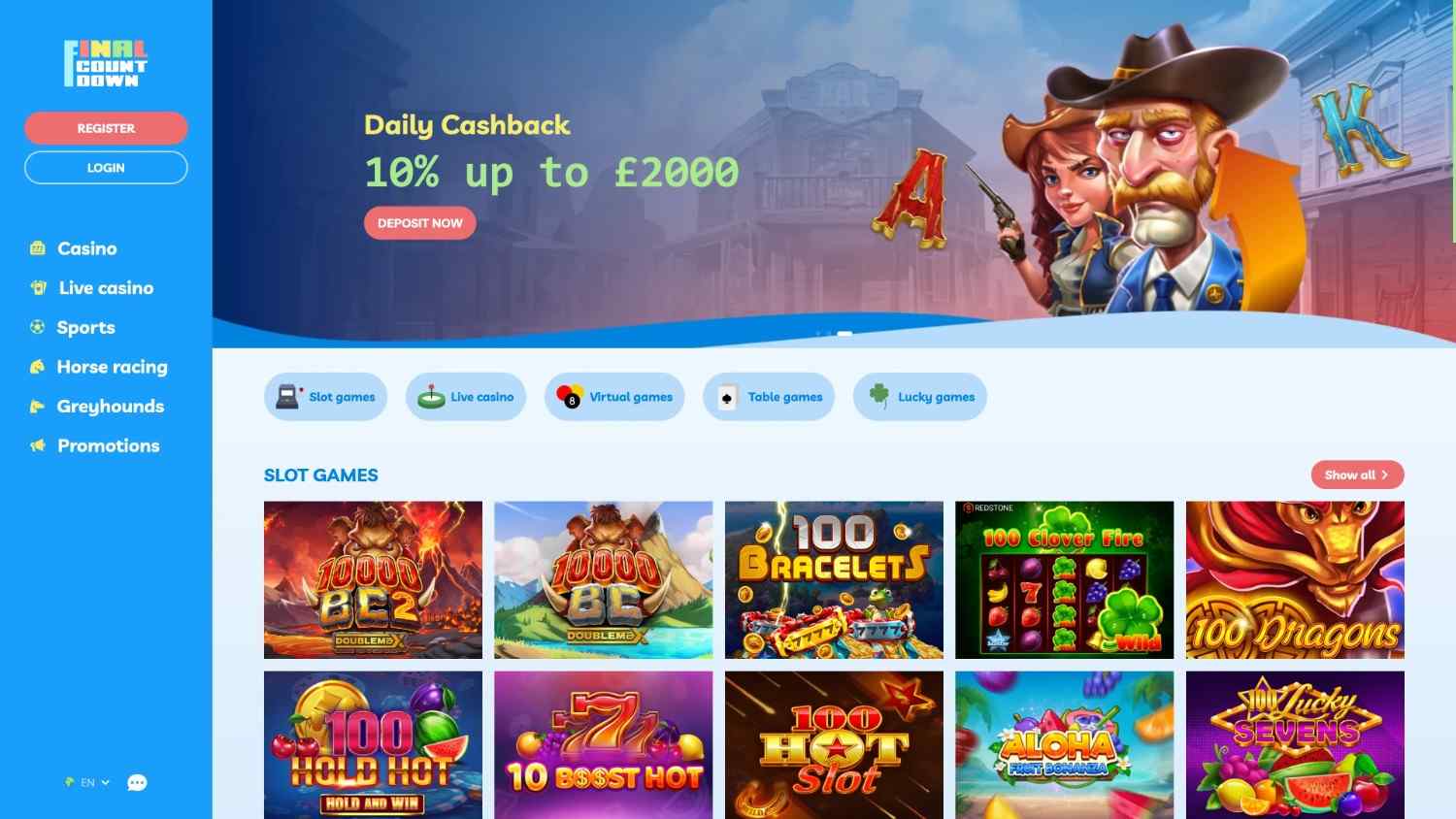 Final Countdown homepage Western theme cowboy mascots daily cashback hero