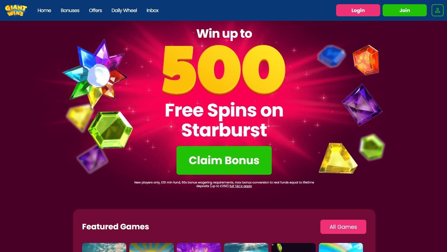 Giant Wins casino homepage screenshot