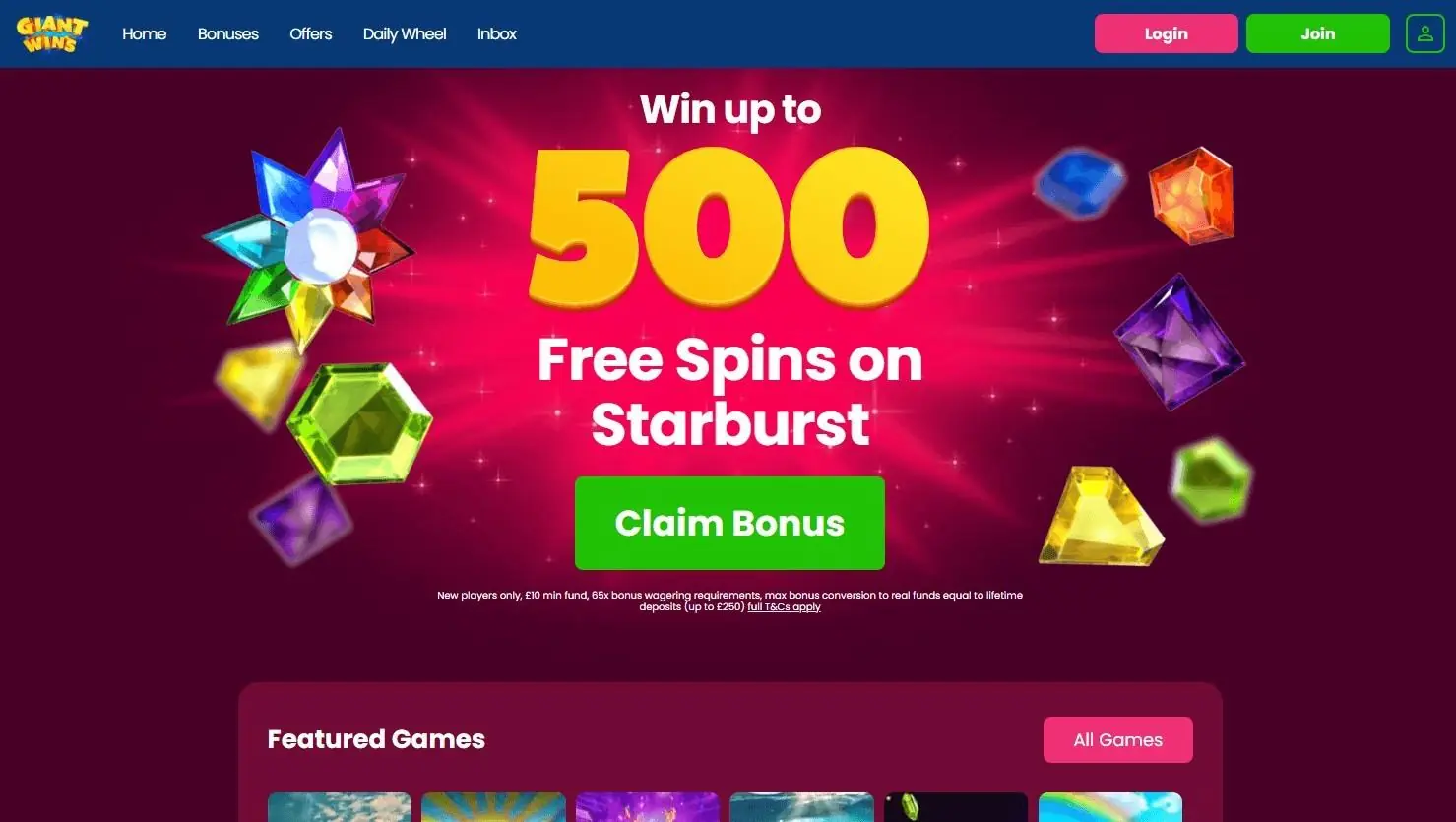 Giant Wins casino homepage screenshot