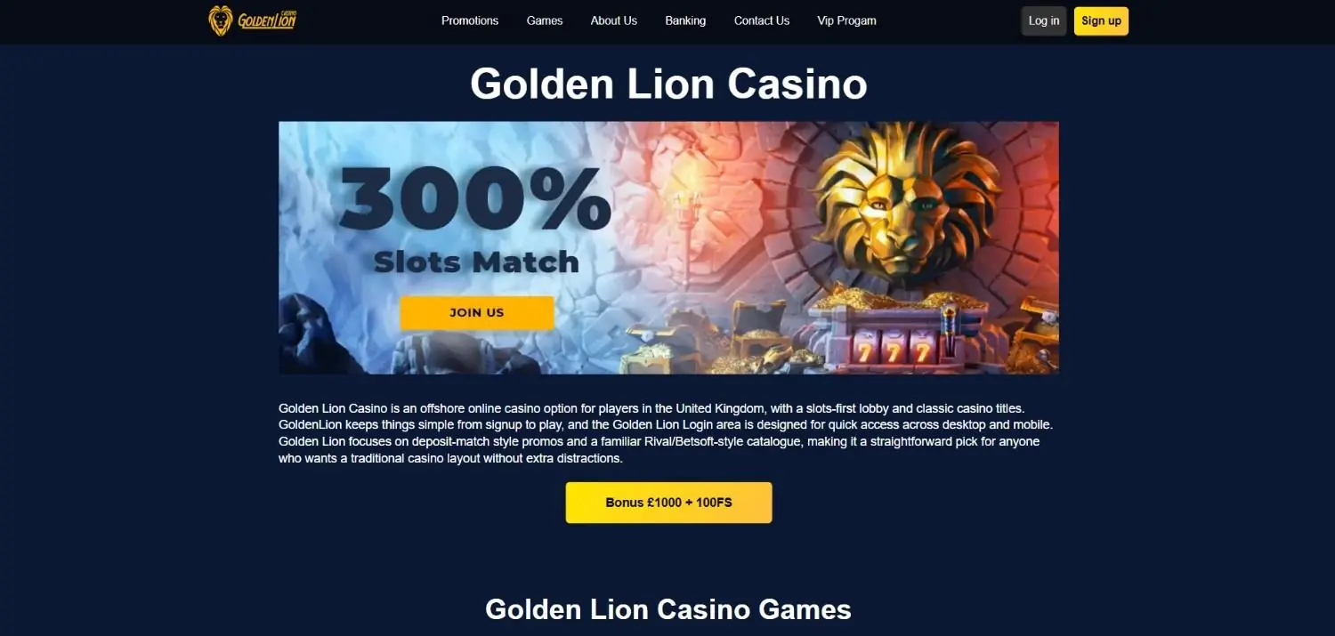Golden Lion Casino homepage screenshot
