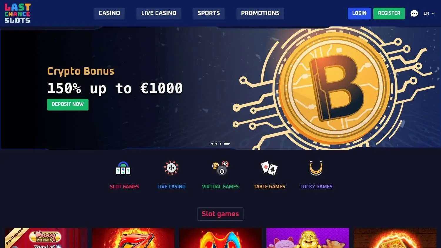 Last Chance Slots homepage screenshot showing crypto bonus offer and game categories