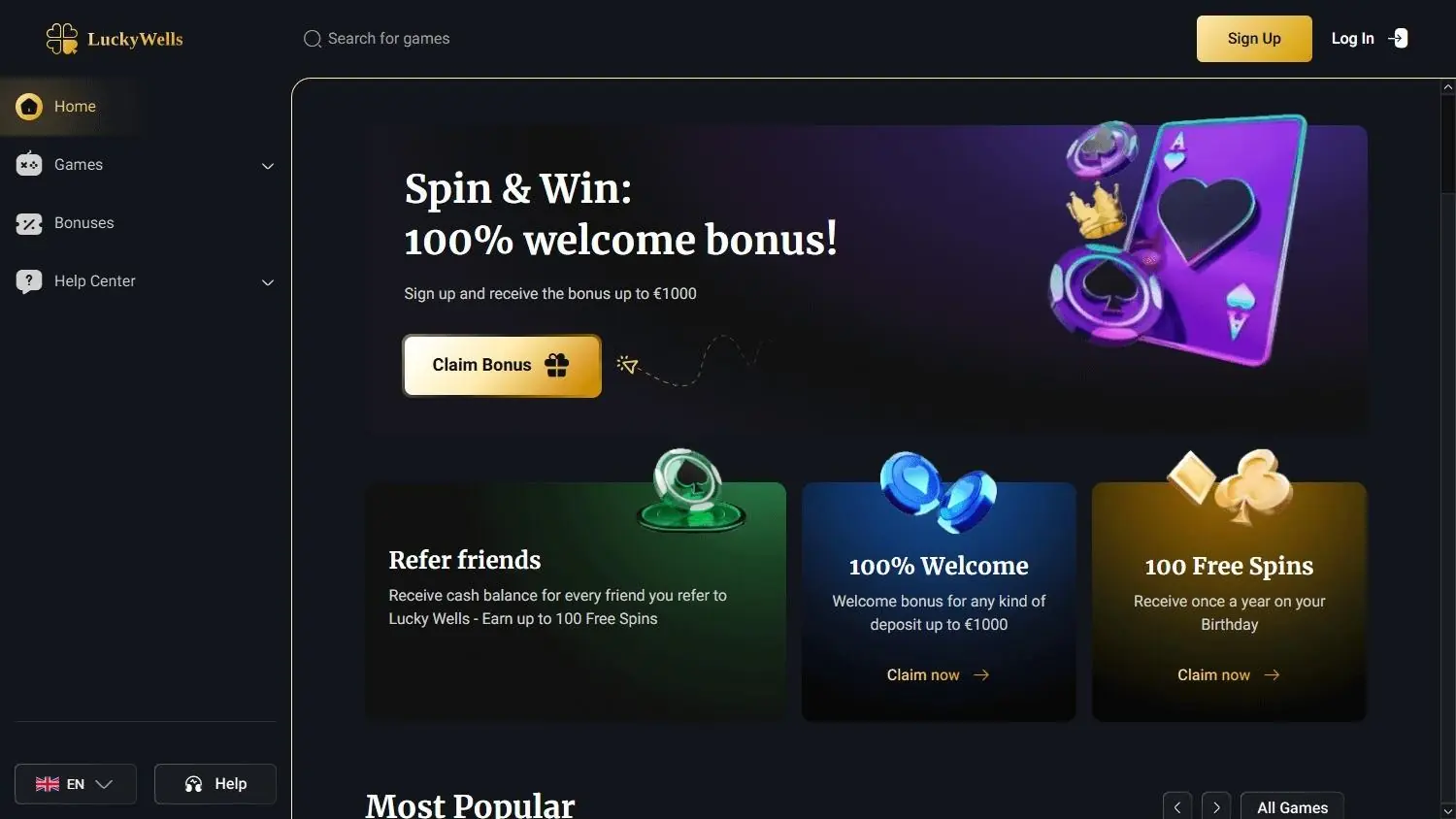 Lucky Wells Casino homepage screenshot