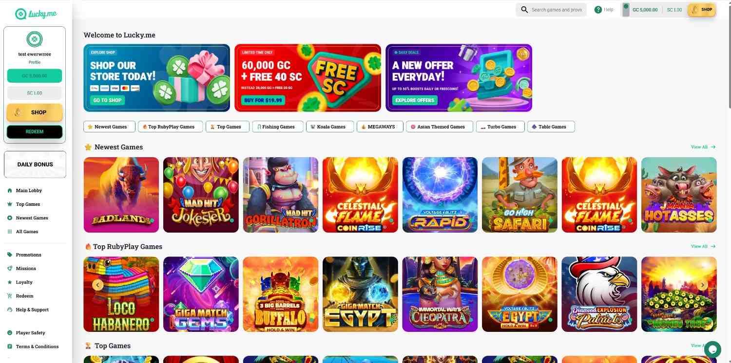 LuckyMe Slots casino homepage screenshot