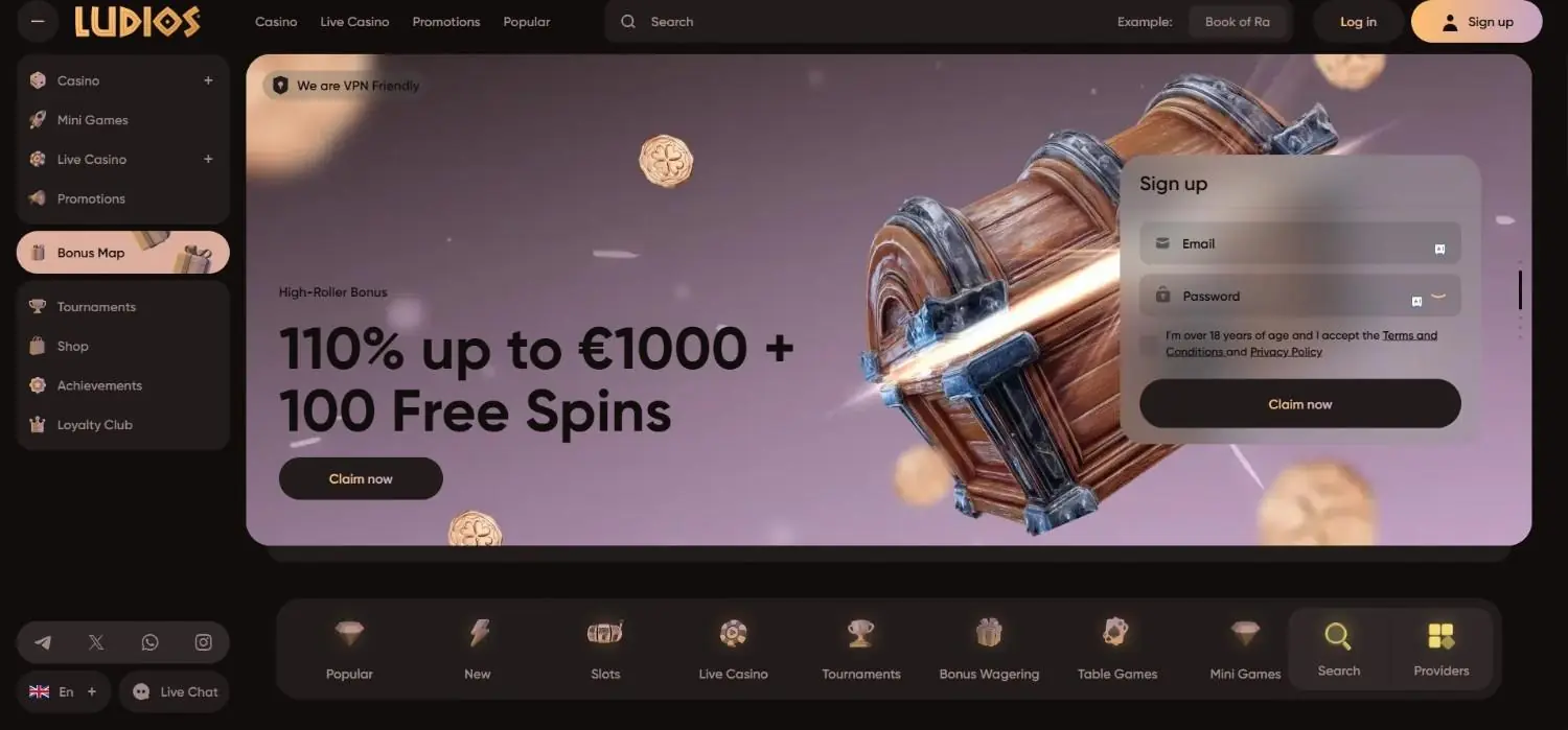 Ludios Homepage 2026-06 Ludios casino homepage screenshot showing 110% welcome bonus and game category rail