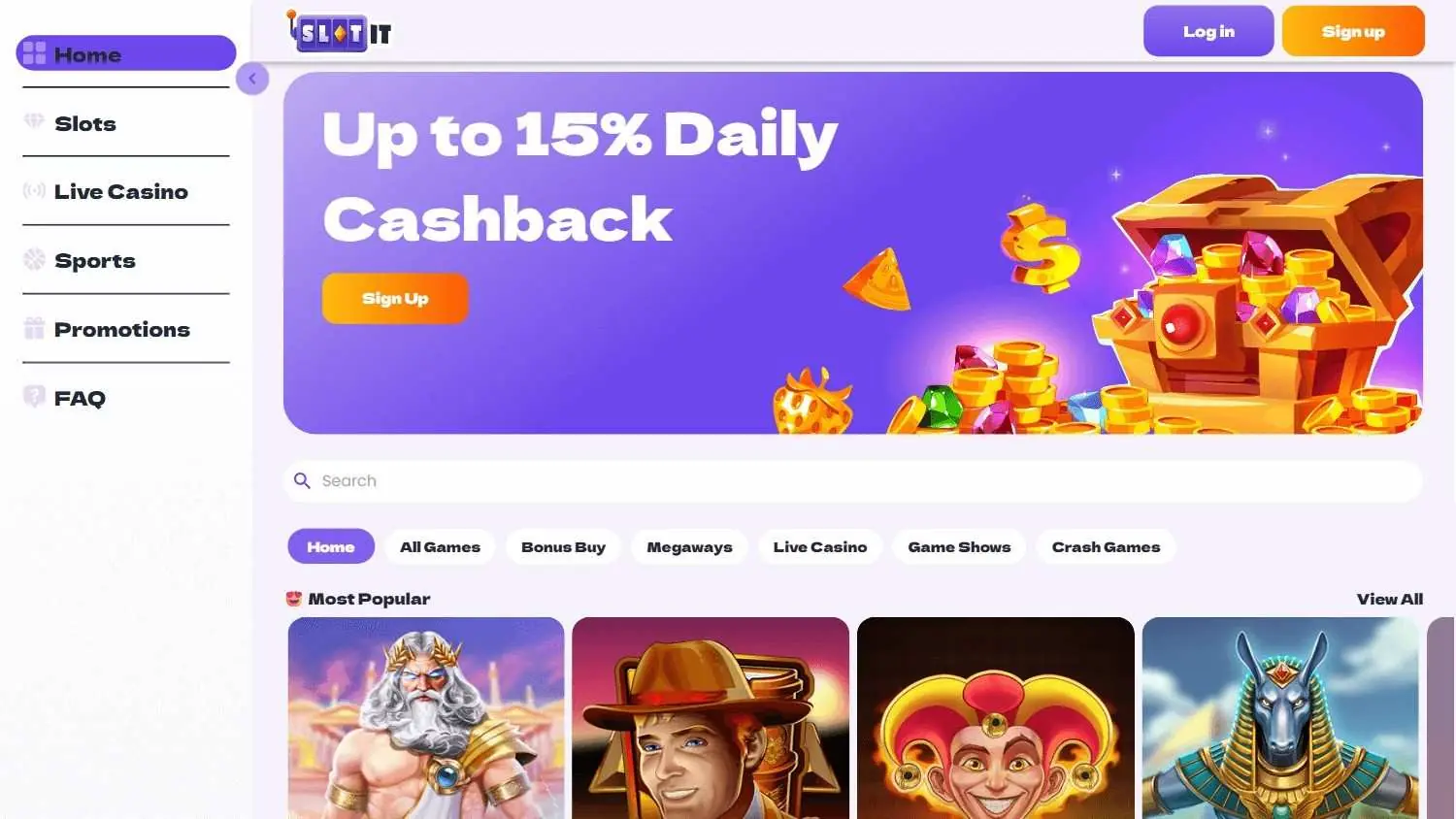 Slotit casino homepage screenshot showing 15% Daily Cashback banner and lobby
